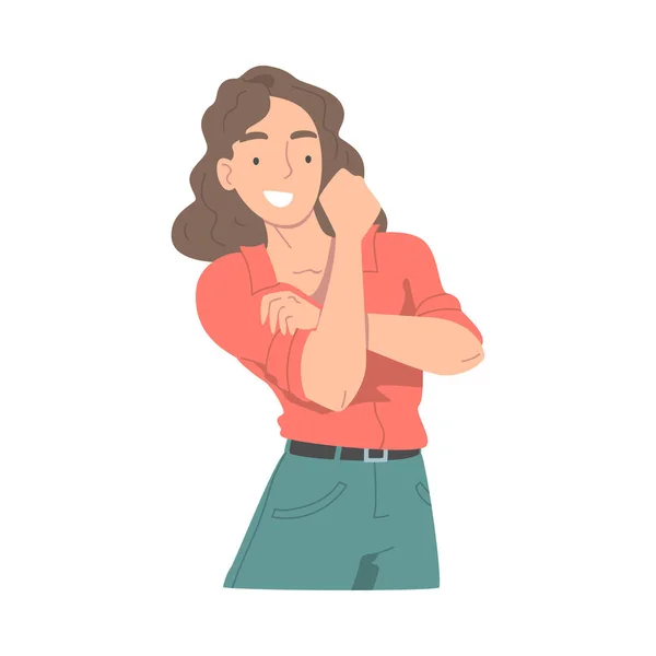 Personaje de la mujer sonriente que muestra el puño apretado como ilustración vectorial de gesto de mano — Archivo Imágenes Vectoriales