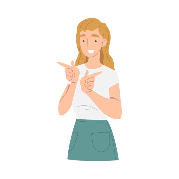 Smiling Woman Character Pointing with Index Finger as Hand Gesture Vector Illustration — Stock Vector