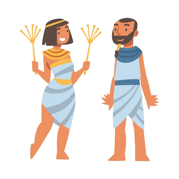 Egyptian Man and Woman Character Wearing Authentic Garment and Necklace Vector Illustration — Stock Vector