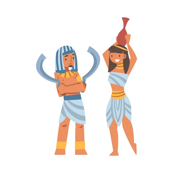 Mısırlı Erkek ve Kadın Karakteri Otantik Giysi Giyiyor ve Kolye Vektörü İllüstrasyonu — Stok Vektör