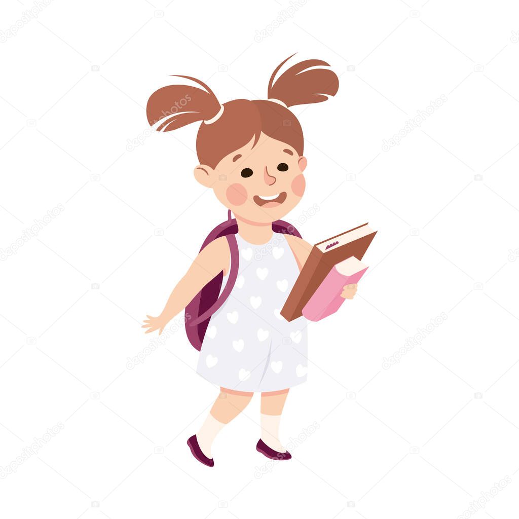 Little Girl with School Bag Walking and Carrying Books Engaged in Daily Activity and Everyday Routine Vector Illustration