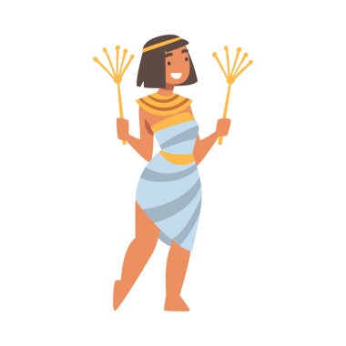 Otantik Giysi Giyen Mısırlı Kadın Karakteri ve Boyun Yaka Vektörü İllüstrasyonu