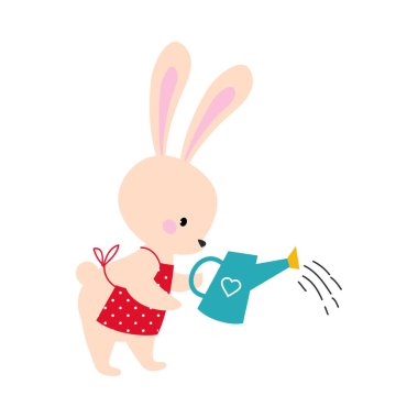 Önlüklü Şirin Tavşan Çiftlik Hayvanları Sulama Bitkisi Vektörü İllüstrasyonu