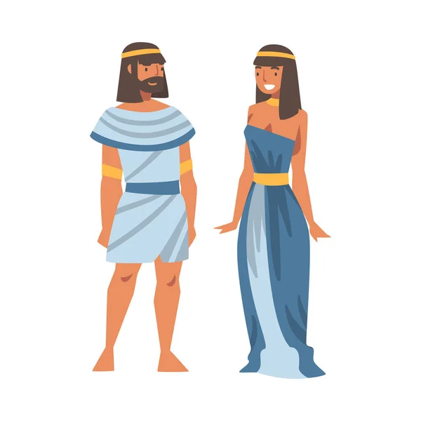 Hombre egipcio y personaje de mujer con prendas de vestir auténticas y collar Vector Ilustración — Vector de stock
