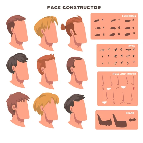 Man Face Constructor fej és tartalék alkatrészek, mint a szemöldök, szemöldök és száj vektor készlet — Stock Vector