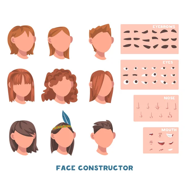 Construtor de rosto de mulher com cabeça e peças de reposição como sobrancelha, olhos e conjunto de vetores de boca —  Vetores de Stock