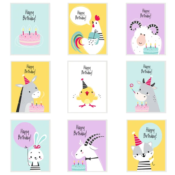 Happy Birthday Cards with Farm Animals with Cake and Gift Box Χαιρετισμός και συγχαρητήρια Vector Set — Διανυσματικό Αρχείο