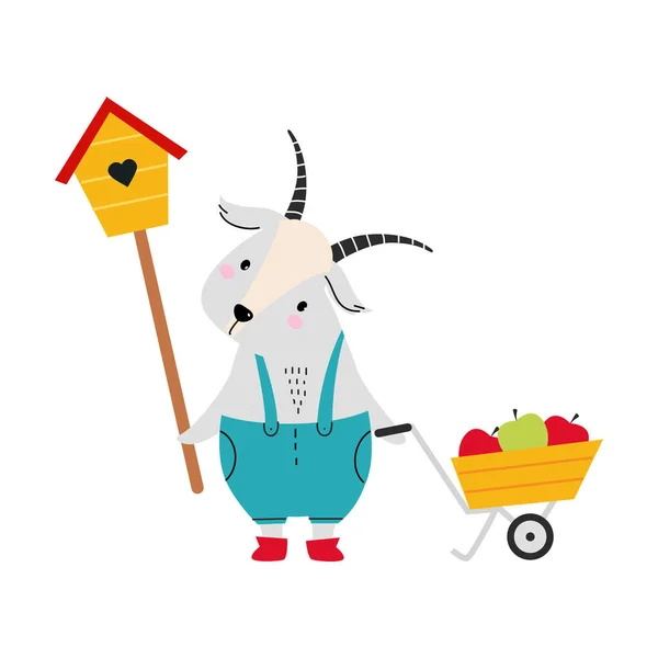 Cute Goat as Farm Animal on Ranch with Wheelbarrow Full of Apples Vector Illustration — Stock Vector