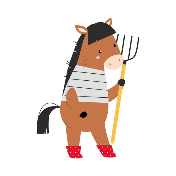 Cute Horse as Farm Animal on Ranch Standing with Pitchfork Vector Illustration — Stock Vector