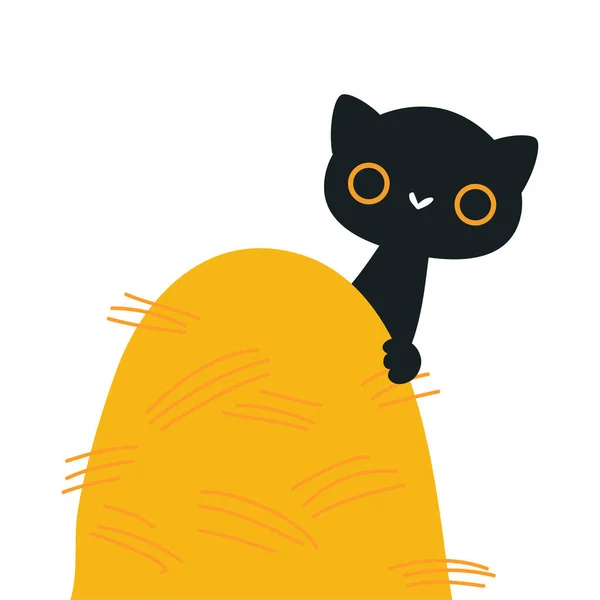 Lindo gatito negro como animal de granja en rancho asomado desde Haystack Vector Illustration — Archivo Imágenes Vectoriales