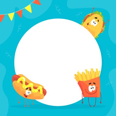 İnsanlaştırılmış Sosisli Fast Food Design ve Fransız kızartmaları Boş Yuvarlak Şekil Vektör Şablonu