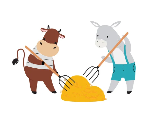 Cute Cow and Donkey as Farm Animal on Ranch Gathering Hay with Pitchfork Vector Illustration — Stock Vector