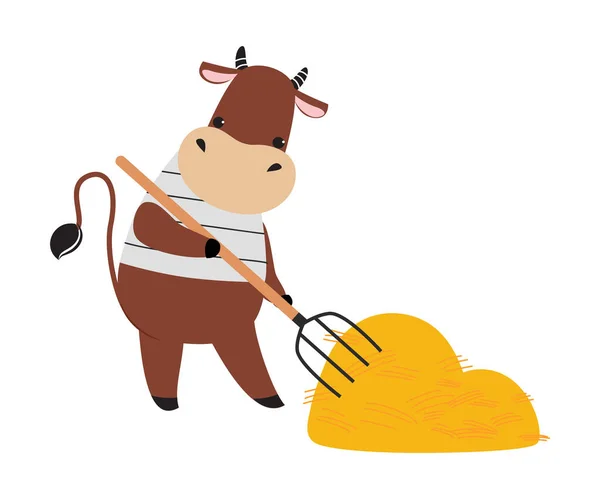 Cute Cow as Farm Animal on Ranch Shromažďování sena s vidlicí vektorové ilustrace — Stockový vektor