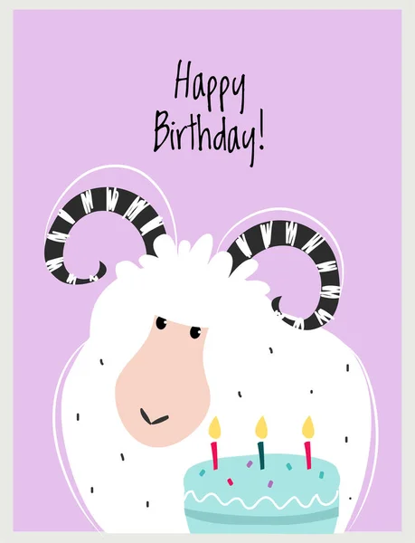Happy Birthday Card with Horned Sheep as Farm Animal and Cake with Candles as Holiday Χαιρετισμός και Συγχαρητήρια Διάνυσμα Εικονογράφηση — Διανυσματικό Αρχείο