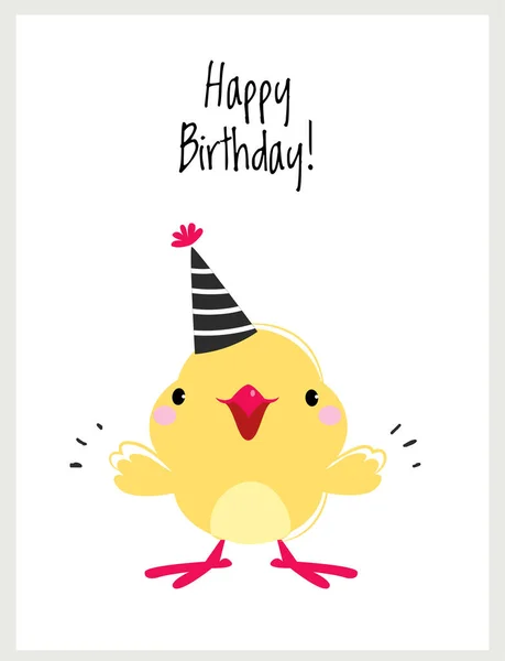 Wszystkiego najlepszego kartka urodzinowa z żółtym kurczakiem jako Farm Bird Pozdrowienia z Wektor Ilustracja — Wektor stockowy