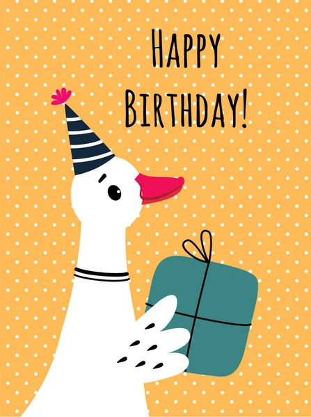 Happy Birthday Card with Farm Goose in Hat Holding Gift Box jako świąteczne powitanie i gratulacje Wektor Ilustracja — Wektor stockowy