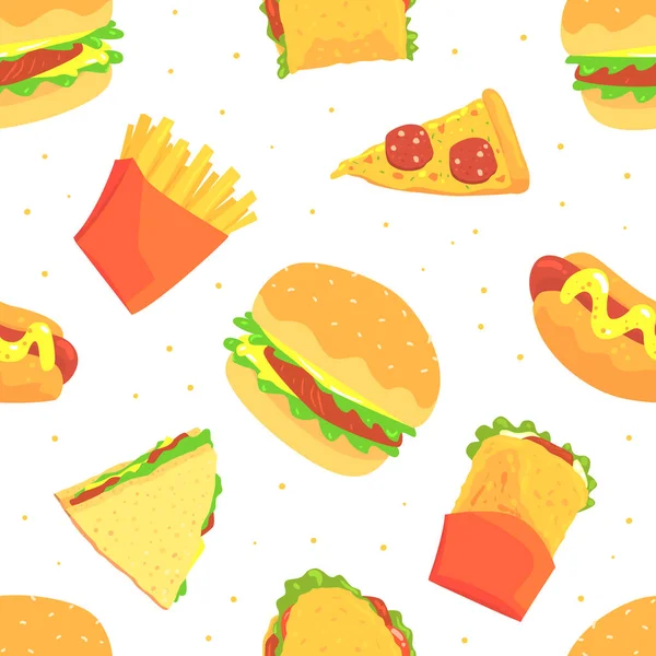 Diseño de comida rápida con hamburguesa apetitosa, sándwich y pizza Slice Vector patrón sin costuras — Vector de stock