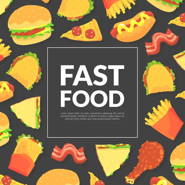Σχεδιασμός γρήγορου φαγητού με ορεκτικό χάμπουργκερ, σάντουιτς και πίτσα φέτα διάνυσμα πρότυπο — Διανυσματικό Αρχείο