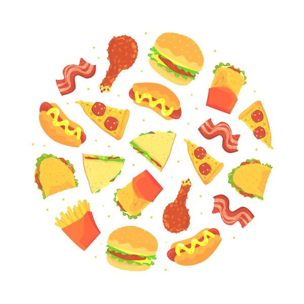 Diseño de comida rápida con hamburguesa apetitosa, sándwich y rebanada de pizza arreglada en plantilla de vectores de círculo — Vector de stock