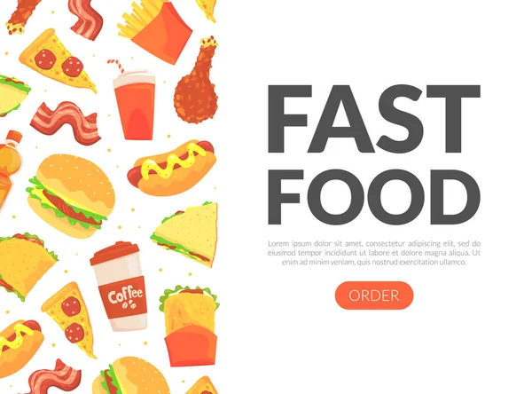 Fast Food di design con hamburger appetitoso, sandwich e pizza fetta modello vettoriale — Vettoriale Stock