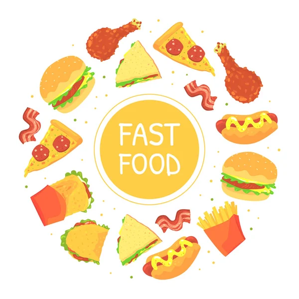 Diseño de marco de círculo de comida rápida con hamburguesa apetitosa, sándwich y plantilla de vectores de rebanada de pizza — Vector de stock
