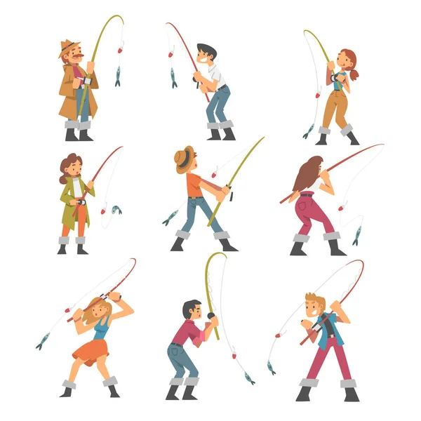 Personaje de la gente en botas de pescador con caña de pescar conjunto de ilustración de vectores de pesca — Vector de stock