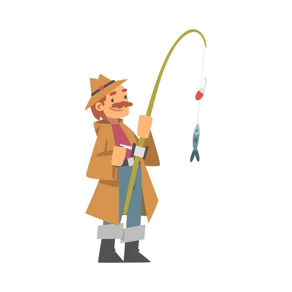 Mustached Man Character in Fisherman Boots with Angling Rod Fishing Vector Illustration — Stock vektor