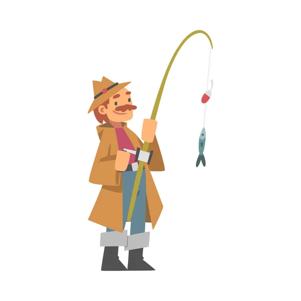 Mustached Man Karakter in Fisherman Laarzen met hengel Visserij Vector Illustratie — Stockvector