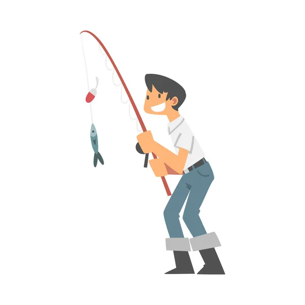 Персонаж молодого человека в рыбацких сапогах с рыболовной векторной иллюстрацией — стоковый вектор