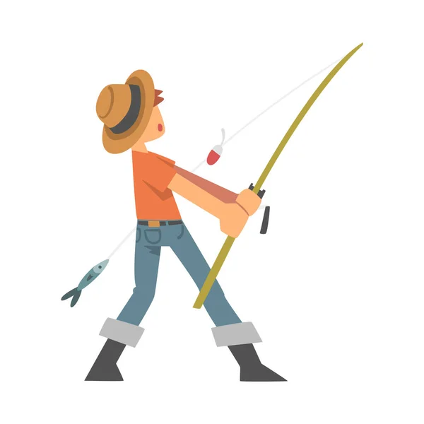 Personaje del joven en botas de pescador con caña de pescar Vector de pesca Ilustración — Vector de stock