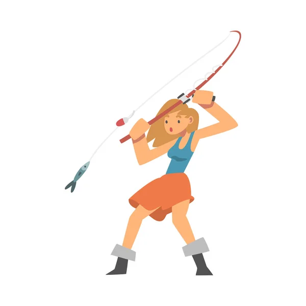 Персонаж молодой женщины в рыбацких сапогах с рыболовной векторной иллюстрацией — стоковый вектор