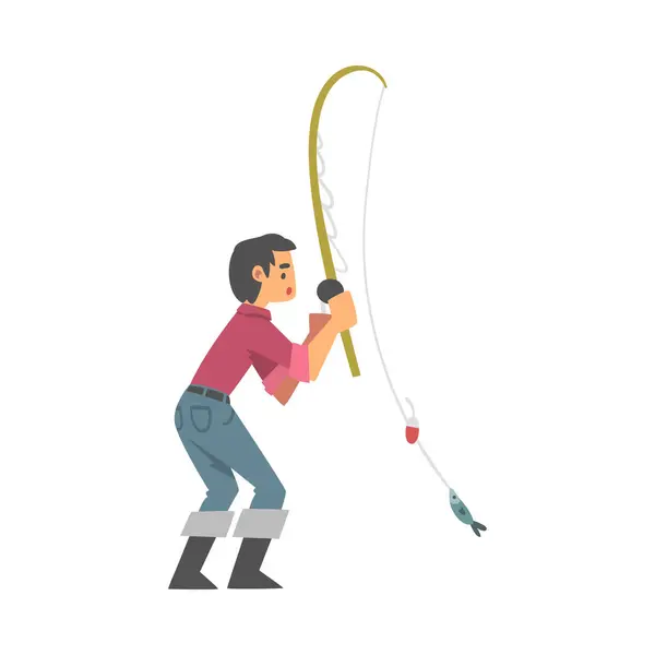 Personagem jovem em botas de pescador com Angling Rod Pesca Vector Ilustração — Vetor de Stock