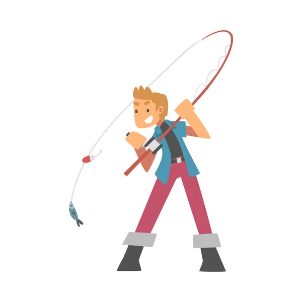 Personagem jovem em botas de pescador com Angling Rod Pesca Vector Ilustração —  Vetores de Stock