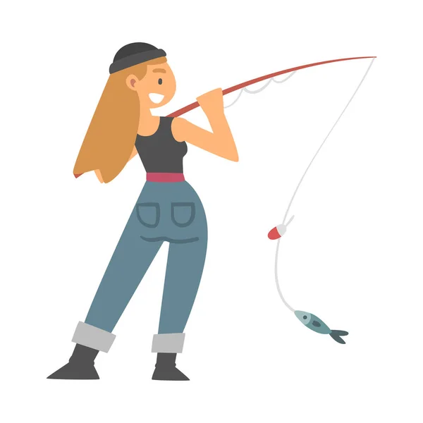 Personaje de mujer joven en botas de pescador con caña de pescar Vector de pesca Ilustración — Vector de stock