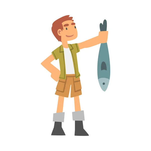 Joven personaje en botas de pescador sosteniendo peces grandes Vector Ilustración — Vector de stock