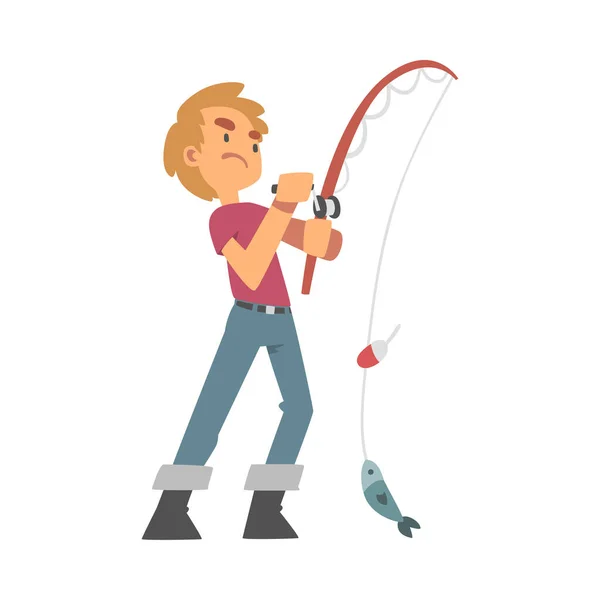 Personaje del joven en botas de pescador con caña de pescar Vector de pesca Ilustración — Vector de stock