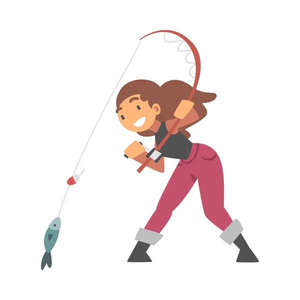 Junge Frauenfigur in Fischerstiefeln mit Angelruten-Vektor-Illustration — Stockvektor