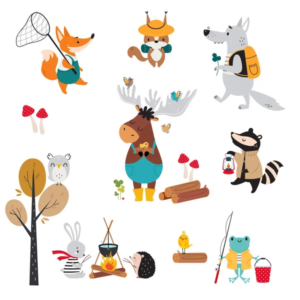 Cute Forest Animal Hiking with Backpack and Sitting at Campfire Vector Set — Stock Vector