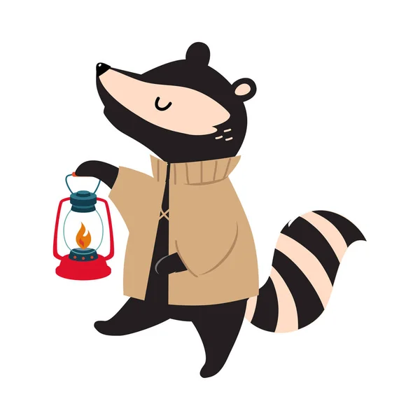 Cute Raccoon as Forest Animal Walking with Lantern Vector Illustration — Stock Vector