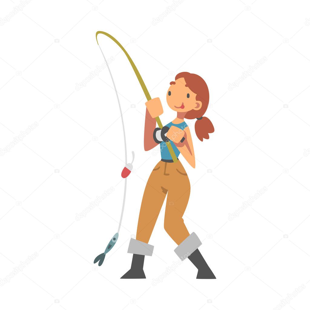 Young Woman Character in Fisherman Boots with Angling Rod Fishing Vector Illustration
