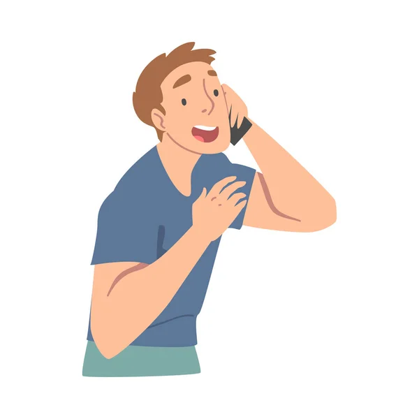 Homme excité recevant de bonnes nouvelles Parler par téléphone et sourire heureusement Illustration vectorielle — Image vectorielle