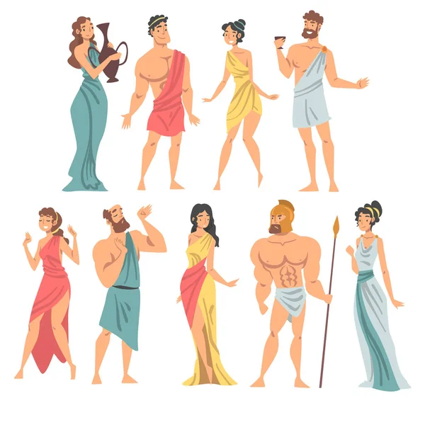 Греки или греки персонаж в этнической Chiton одежды векторные иллюстрации набор — стоковый вектор