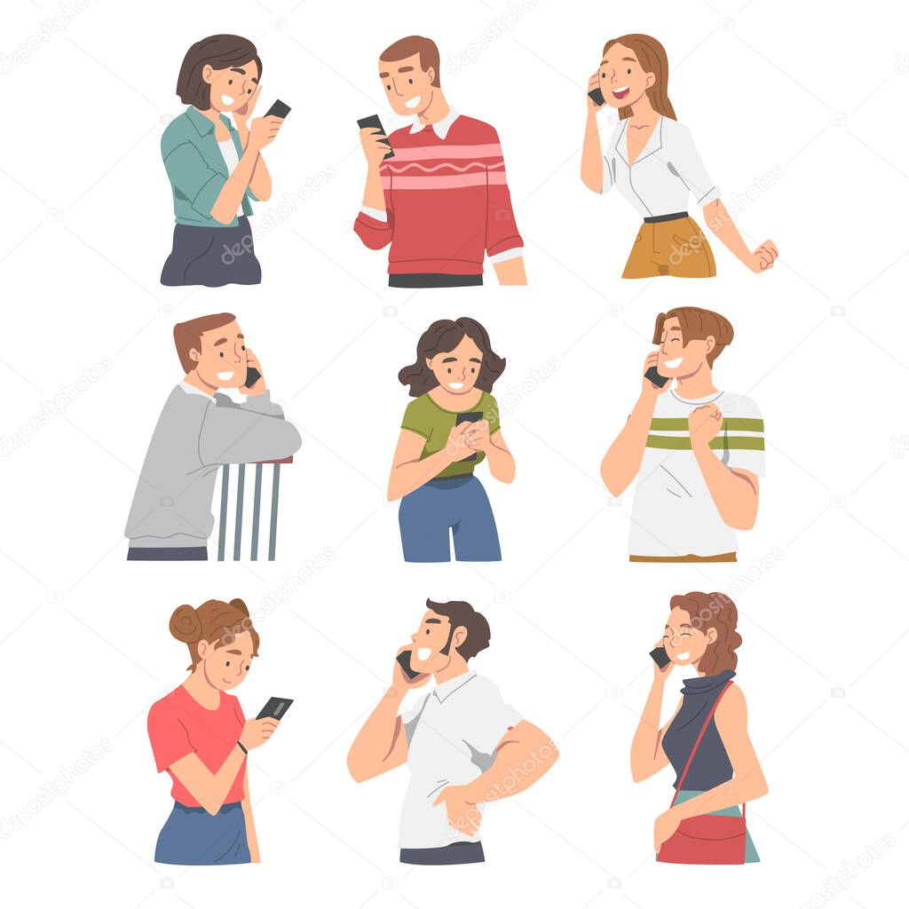 People Character Receiving Good News Speaking by Phone and Smiling Happily Vector Illustration Set