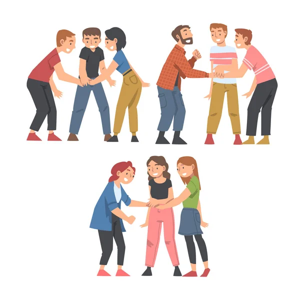 Happy People Character with Their Hands in Stack Putting Them Together Showing Unity and Solidarity Vector Set — Stockový vektor