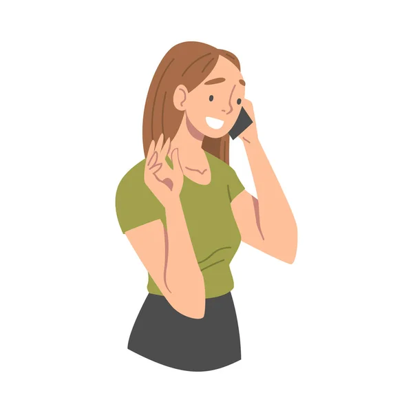Femme joyeuse recevant de bonnes nouvelles parlant par téléphone et souriant heureusement Illustration vectorielle — Image vectorielle