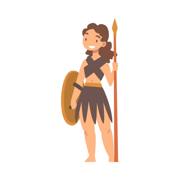 Greek Woman Warrior or Gladiator Holding Shield and Spear Vector Illustration — Stock Vector