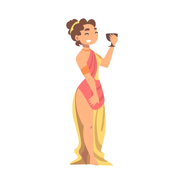 Personagem de mulher grega ou helena em roupas étnicas de Chiton Segurando Goblet Vector Ilustração —  Vetores de Stock