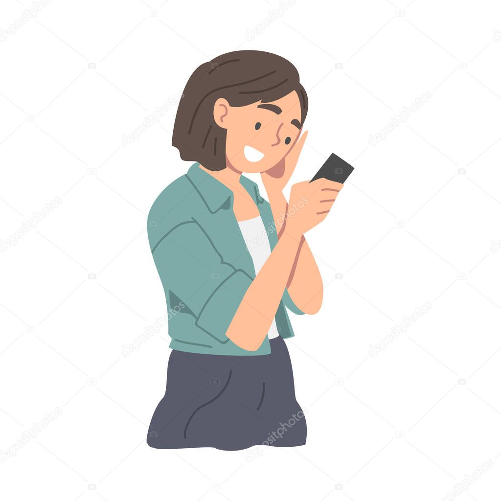 Woman Character Receiving Good News Reading Message and Smiling Happily Vector Illustration