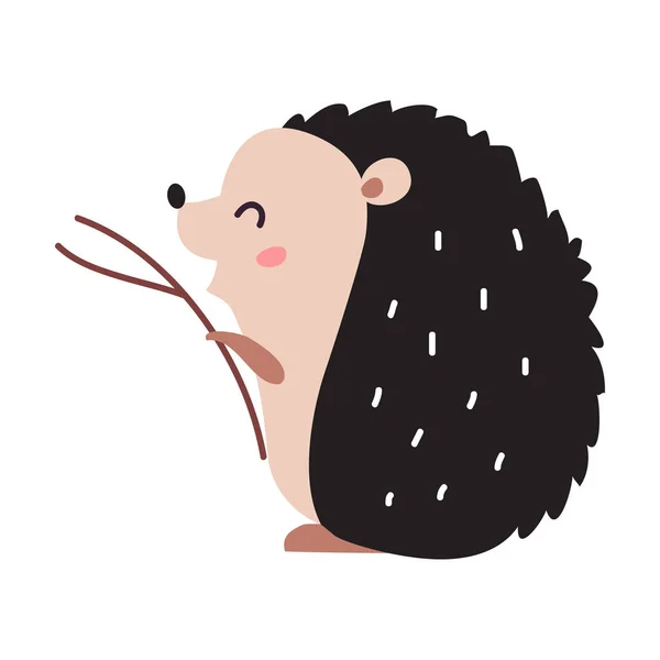 Roztomilý bodavý ježek jako lesní zvíře stojící s větví vektorové ilustrace — Stockový vektor