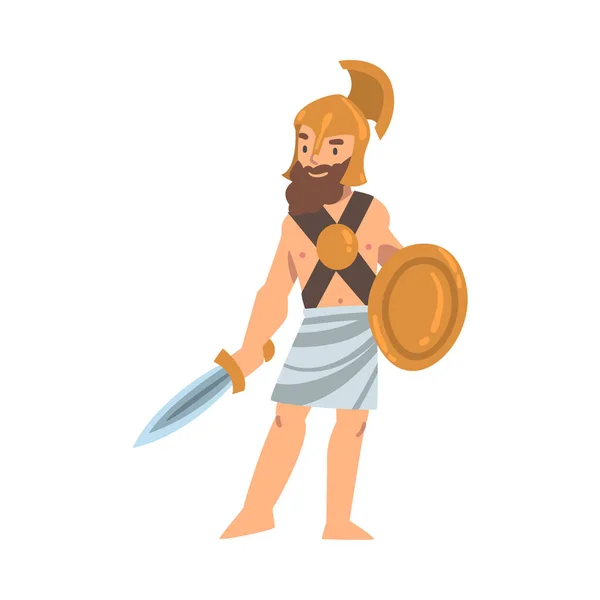 Gladiador en el casco que sostiene el escudo y la espada como griego o heleno personaje Vector ilustración — Vector de stock